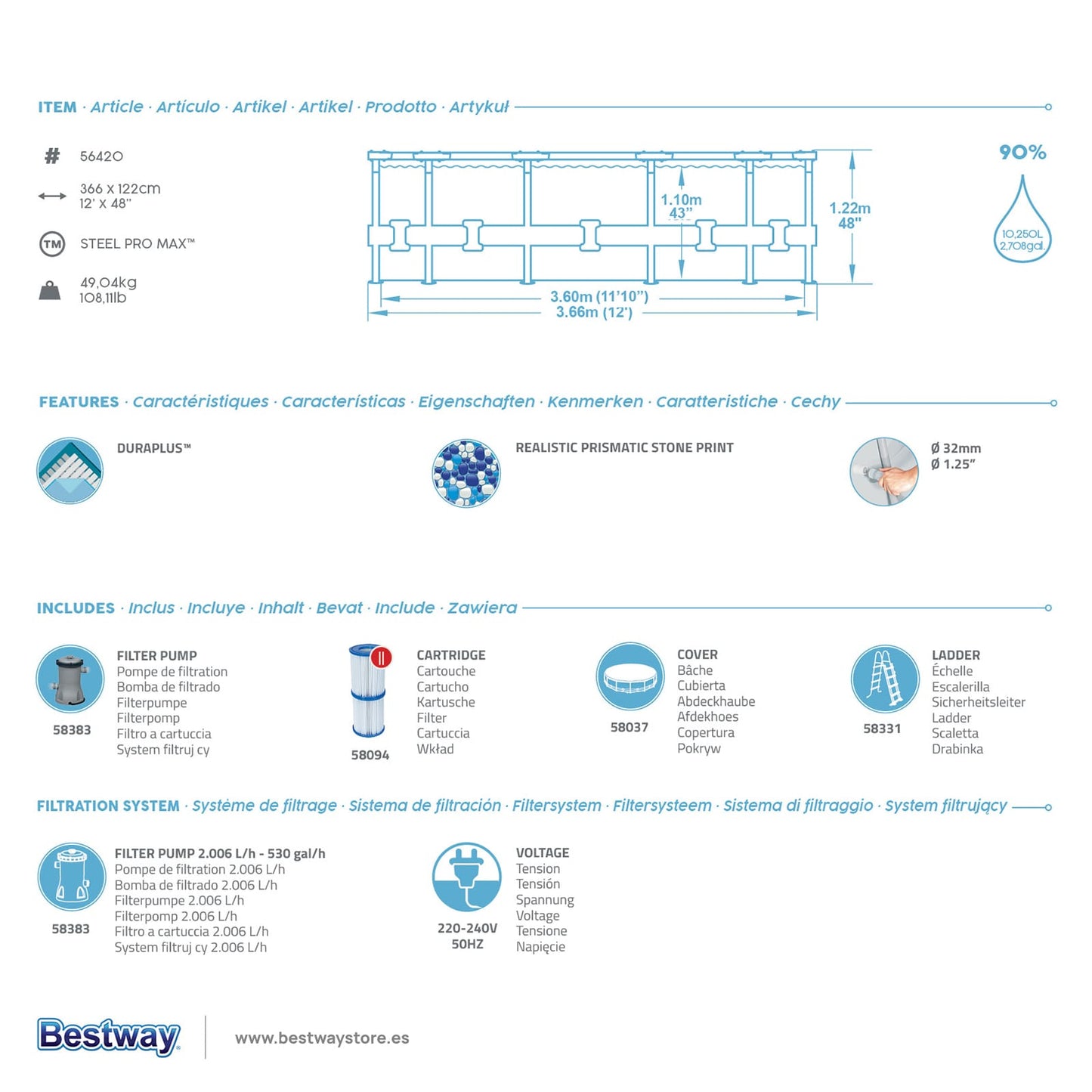 Bestway – Steel Pro Max piscina desmontable circular (366 × 122 cm)