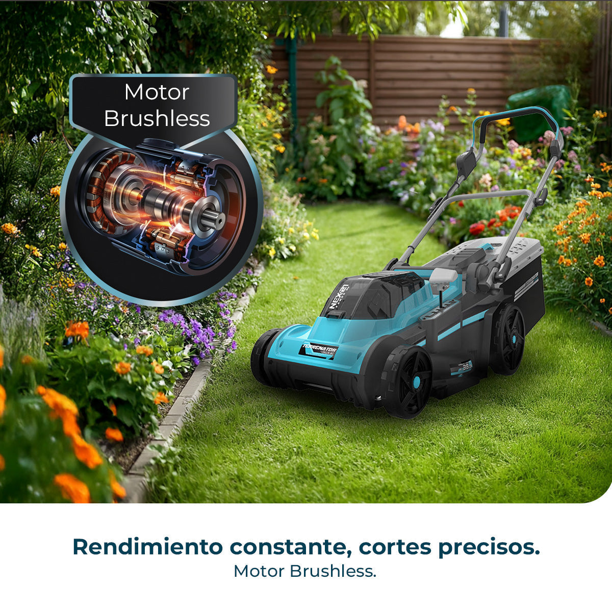 Cecotec Cortacésped de Batería Terrenator E7 Liberty Z Plus con Motor Brushless y 2 Baterías NEX21 4Ah